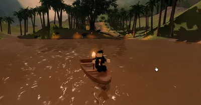 A small boat on a river at dusk, lit by a torch, with palm trees on the bank