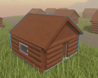 A log cabin modelled in an editor, with more of the same cabin forming a village behind it