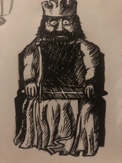 An ink drawing of a bearded king in a crown, seated on a throne with a sword across his lap