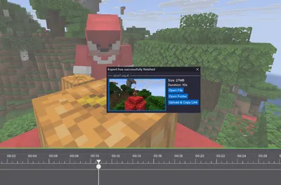 A Minecraft scene with a video editing timeline below it and an export confirmation dialog