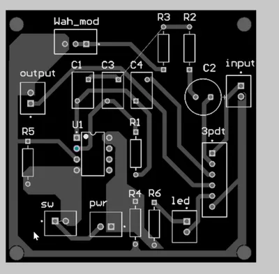 A printed circuit board layout designed on a computer, with labelled components and traces
