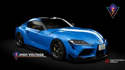 High Voltage branded Assetto Corsa loading screen showing a blue-grey saloon car