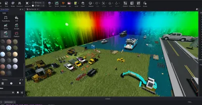 Roblox Studio with the terrain editor open, vehicles and boats staged across a grass landscape